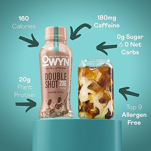 OWYN Only What You Need Double Shot Dairy Free Keto Protein Coffee Shake, Vanilla Latte, 0g Sugar, 20g Plant Based Protein, 180mg Caffeine, Gluten & Soy Free, Non-GMO, Vegan (12 Pack, 12 Fl Oz)