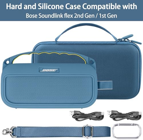 co2CREA Hard Case and Silicone Case Replacement for Bose New SoundLink Flex 2nd Gen/Bose SoundLink Flex Bluetooth Portable Speaker, Protective Case with Carabiner and Shoulder Strap (Blue Dusk Case)