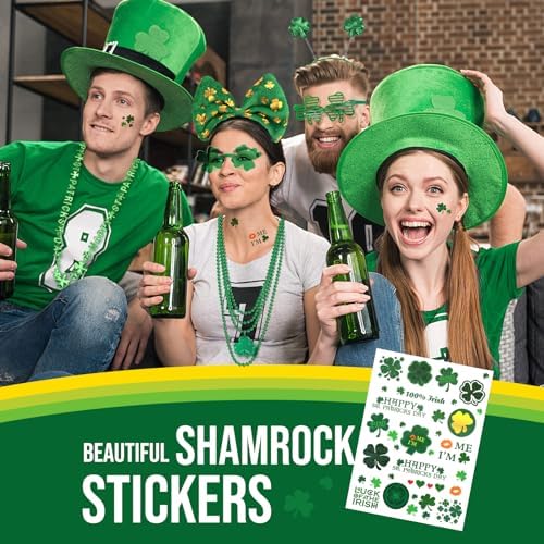 29Pack St Patricks Party Favors of 16pcs Shamrock Beads Necklace Bulk, 6pcs Clover Eyewear Sunglasses, 6pcs Green Hats Headband, 1pc St. Patrick's Day Stickers Party Dressing-up Costume Accessories
