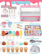 Wooden Ice Cream Toys Kids Kitchen Play Store for Toddlers Girls, Play Kitchen Accessories with Scoop & Menu & Fake Money, Wooden Toys for 3 4 5 Year Old Girls Boys Birthday