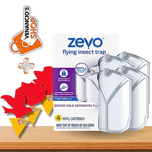 ZEVO Refills Cartridges | Device Sold Separately, White, ZEVO Flying Insect Trap Refill Fly Trap Refill Cartridges + Includes Exclusive Venancio’sFridge Sticker & Sticky Fruit Trap (Zevo 4 Refills)