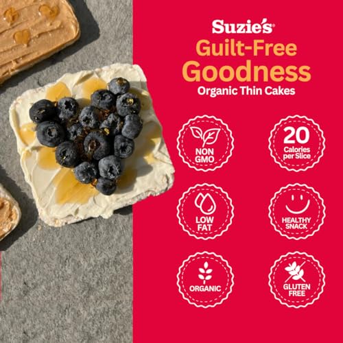 Suzie's Organic Brown Rice Cake Thins|6 Pack|Lightly Salted Low Sodium|USDA Organic, NON-GMO, Fat-Free, Sugar-Free, Gluten-Free|Low-Calorie Snack-21 Calories Per Slice|Bread & Cracker Replacement