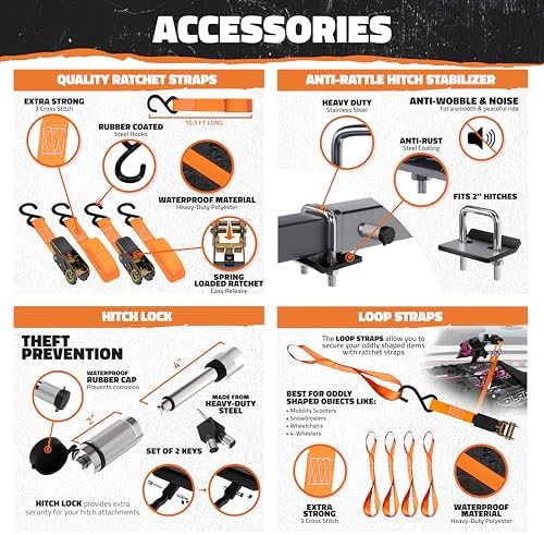 Mockins XL 60"x30"x5" Folding Hitch Cargo Carrier with Ramp | Heavy Duty Trailer Hitch Basket Cargo Carrier with Portable Wheelchair Ramp | 500 Lbs. Cap Weatherproof Steel Scooter Rack & Accessories