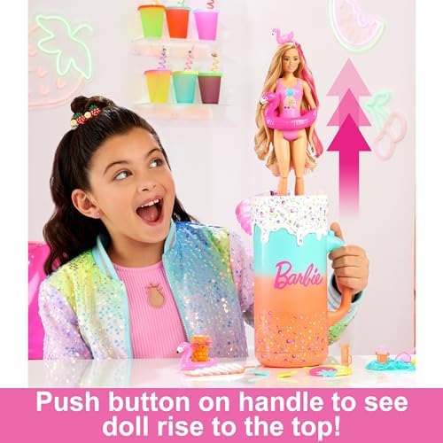 Barbie Pop Reveal Doll & Accessories, Rise & Surprise Fruit Series Gift Set with Scented Doll & Squishy Pet, Color Change, Moldable Sand & More, 15+ Surprises