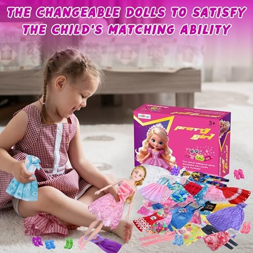 79 Pcs Doll Clothes and Accessories with Doll, Princess Gowns, Fashion Dresses, Slip Dresses, Top, Pants, Jumpsuit, Swimsuits, Shoes, Hangers, Doll Dress up Toys for Girls Kids Toddlers Toy Gifts