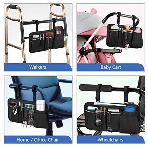 FINPAC Wheelchair Side Organizer Bag with Cup Holder, Wheelchair Armrest Accessories Pouch with Pen Slot and Reflective Strips for Power Wheelchairs, Walkers, Rollators, Adults, Seniors - Black