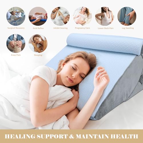 BEYOUDO 3pcs Bed Wedge Pillow Set, Adjustable Bed Wedge Pillow for Sleeping, 7 & 12 Inch Wedge Pillow Headboard for Acid Reflux and Back Pain Relief, Post Surgery, Snoring, Back Support, Light Blue