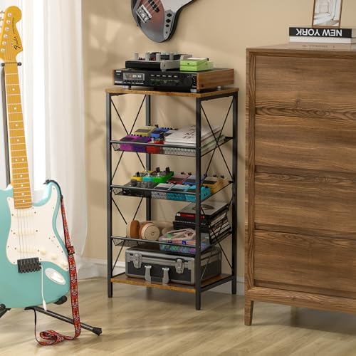 Guitar Pedal Organizer, 5 Tier Tuner Pedal Storage Shelf, Vintage Pedal Board Holder Stand, Freestanding Wooden Music Tuning Accessories Organization for Bass Guitar Ukulele Violin