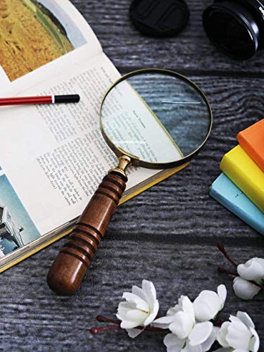 Deconoor 10X Handheld Magnifying Glass Lens, Antique Brass Magnifier, Fine Print Reading, Inspection, Coin & Stamp, Astrologer, Science, Low Sight Elderly, with Wooden Handle, Collectible Décor Gift