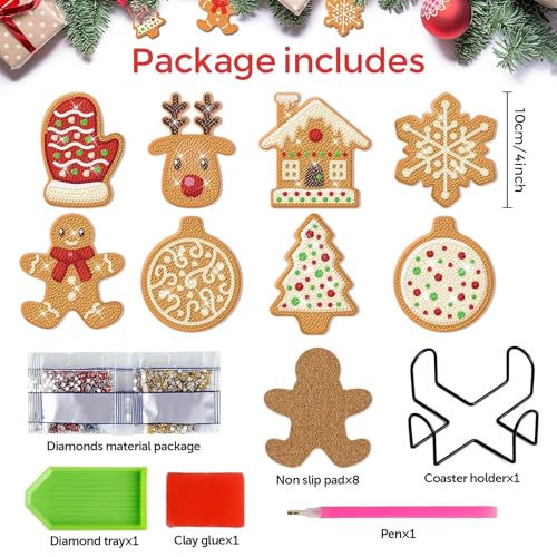 8 Pcs Christmas Gingerbread Man Diamond Coasters Kits with Holder DIY Diamond Art Coaster Non Slip Coaster for Adults Diamond Kits Supplies for Xmas Holiday Present