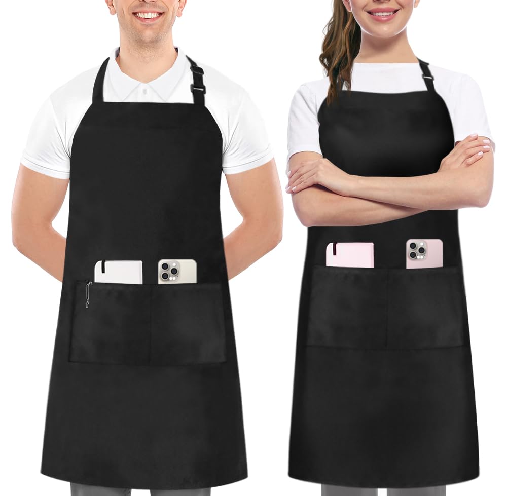 2 Pack Bib Apron, Adjustable with 2 Pockets, Water and Oil Resistant, Cooking Kitchen Chef Apron for Women Men