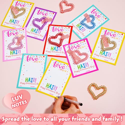 Class Valentines Day Gifts for Kids Girls with 24 Pack Heart Hair Ties Hair Bands with Girls Valentines Cards School Valentines Hair Accessories for Classroom Exchange