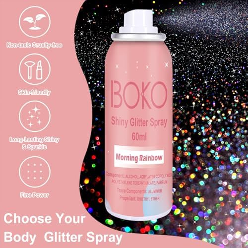 Boko Body Glitter Spray, 60ML Holographic Silver Glitter Spray for Body Hair Clothes, Quick-Drying and Long-Lasting Glitter Hairspray Body Shiny Spray for Mardi Gras Concert Party Rave Accessories