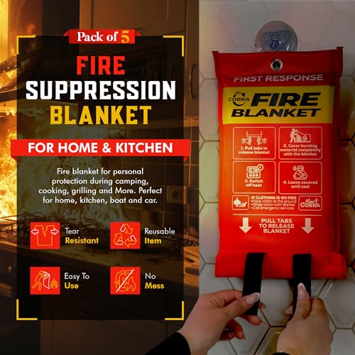 Mart Cobra Emergency Fire Blanket for Home and Kitchen - 5 Pack - Fire Blankets Emergency for Home Safety 40” x 40” - Suppression Shield Retardant Extinguisher Fiberglass Welding Fireproof Cloth Towel