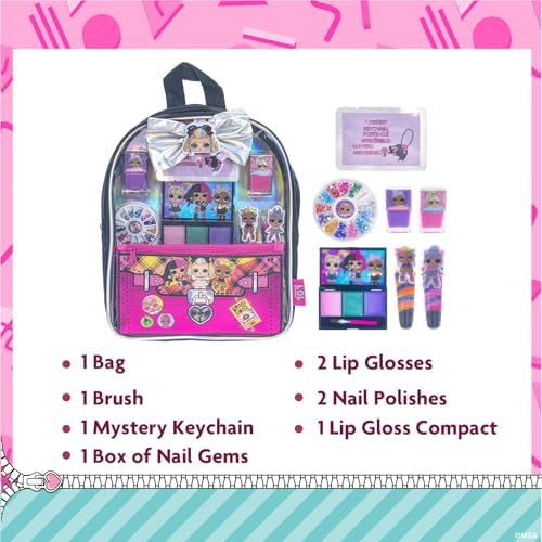 L.O.L. Surprise! Makeup Filled Backpack Set, Including Lip Balm, Nail Polish, Nail File, Hair Bows, and Other Accessories, Perfect for Parties, Sleepovers and Makeovers, Ages 3+, by Townley Girl
