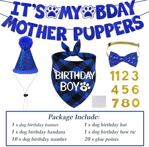 STMK Dog Birthday Decorations, Multi Sizes Dog Birthday Hat Dog Birthday Bandana Boy Bow Tie Birthday Numbers It’s My Bday Mother Puppers Banner for Medium Large Dogs Pets (Large, Blue)