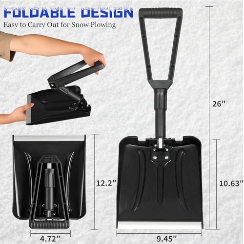 ORIENTOOLS Snow Shovel, Folding Snow Shovel for Snow Removal, Lightweight Portable with D-Grip Handle and Durable Aluminum Edge Blade, Emergency Snow Shovel for Car, Truck, Camping (Black, Blade 9")