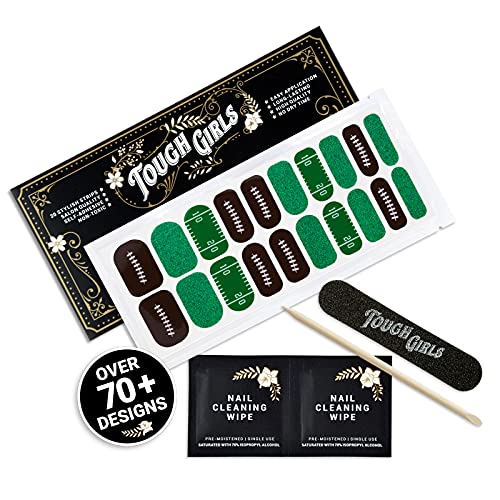 TOUGH GIRLS | 20 Exquisite Gel Nail Polish Strips w/Application Accessories - No UV/LED Lamp Required (Football & Green Glitter)