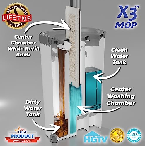 X3 Mop, Separates Dirty and Clean Water, 3-Chamber Design, Flat Mop and Bucket Set, Hands Free Home Floor Cleaning, 3 Reusable Microfiber Mop Pads Included