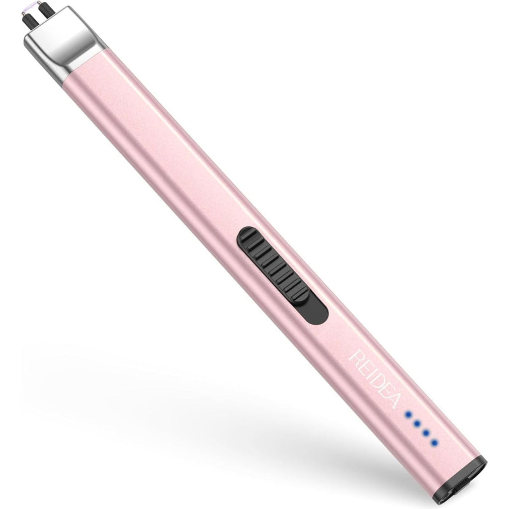 REIDEA Electric Lighter R1 Flat Candle Lighter, Windproof Flameless USB Rechargeable Arc Lighter with Safe Button and Power Indicator for Candle, BBQ and Fireworks, Rose Gold