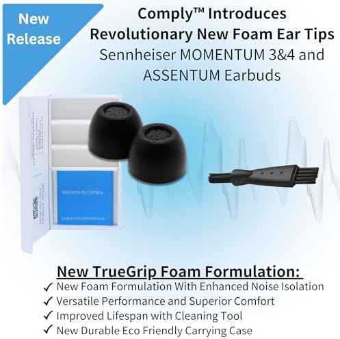 Comply TrueGrip | Premium Memory Foam Replacement Earbud Tips for Sennheiser Momentum 3, 4, ACCENTUM | Enhanced Comfort, Secure Fit, Superior Noise Isolation, Cleaning Tool | Black (S/M/L) (3 Pairs)