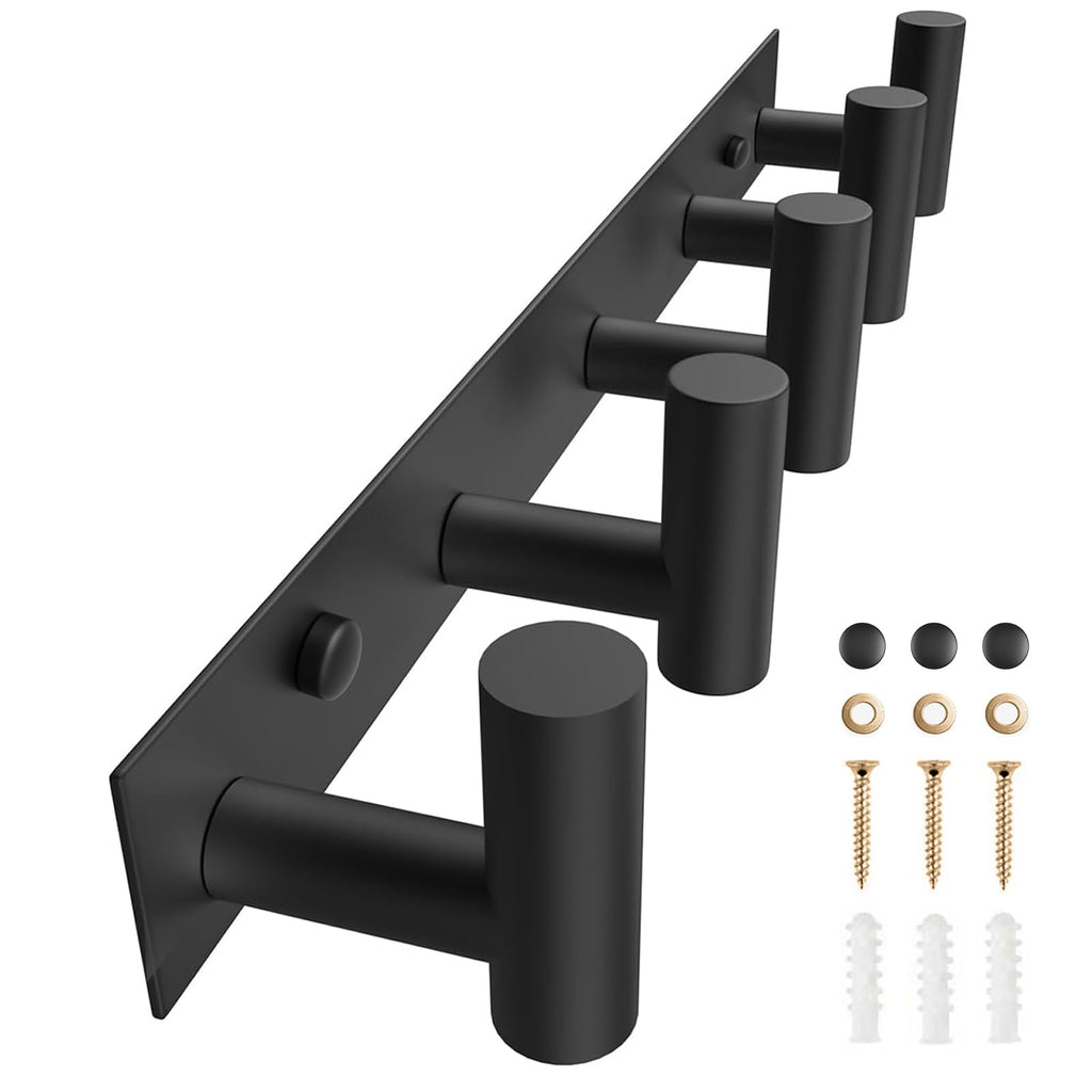 Black Hat and Coat Wall Mount Rack 5 Hooks for Robes, Bags, Keys, and Towels Bathroom Towel Hanger Organizer (1 Pack)