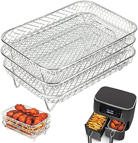 BYKITCHEN Air Fryer Rack for Ninja Dual Airfryer, 3pcs Stackable Stainless Steel Dehydrator Rack, Rectangle Double Air Fryer Accessories, Ninja Dual Airfryer Accessories