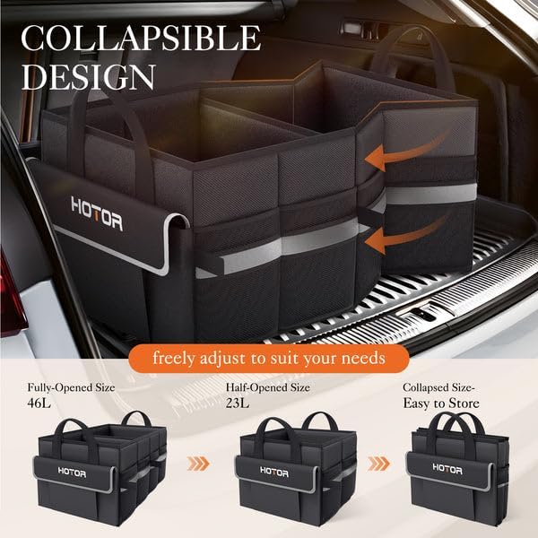 HOTOR Foldable Trunk Organizer - SUV, Sedan & Van Compatible, Sturdy Base Panel for Car Accessories, Black, 2 Compartments, 21.3"12.6"10.6"