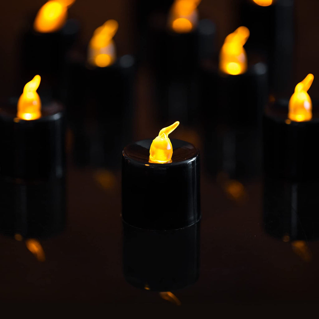LANKER 24 Pack Black Tea Lights Candles – Flickering Warm Yellow Lights Flameless LED Candles – Battery Operated Fake Candles – Decoration for Halloween and Christmas (Black)