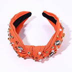 Football Headband Pearl Rhinestone Jeweled Knotted Headband Fun Sports White Hot Pink Black Blue Football Embellished Wide Top Knot Hairband Headpiece Game Day Sports Hair Accessories Gift for