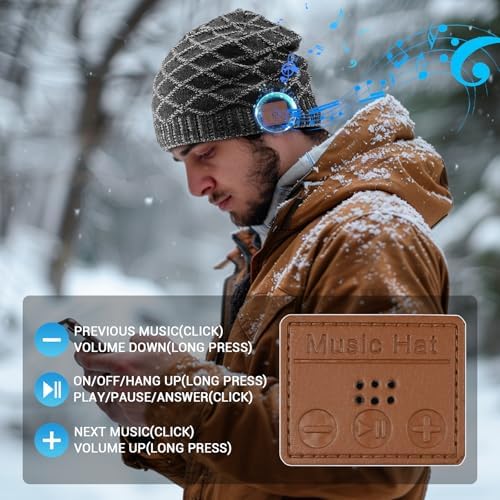 Bluetooth Beanie for Men, Wireless Headphones for Bluetooth Hat, Winter Knit Music Hat, Unique Tech Gifts Stocking Stuffer