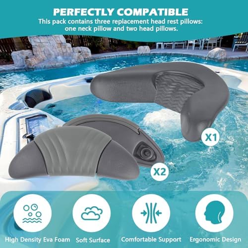 Replacement Head Rest Pillows Fit for Artesian Island Spas Hot Tubs and Tidal Fit Swim Spa (Dark Grey-3 Pack-Includes One Neck Pillow and Two Head Pillows 26-1303-85)
