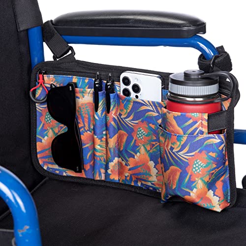 ISSYZONE Wheelchair Side Bag, Walker Pouch Bag with Cup Holder, Wheelchair Armrest Accessories for Walker, Rollator, Electric Scooter Wheelchairs, Ideal Gift for Mother's Day & Father's Day (Orange)