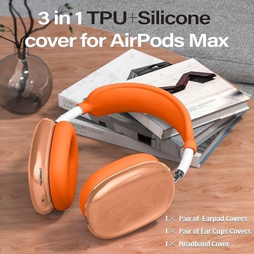 4 in 1 Set for AirPod Max Case, Anti-Scratch Sweat-Proof Ear Pad Covers/Ear Cups Cover/Headband Cover, AirPod Max Cover Accessories for Apple AirPod Max (2020 Lightning /2024 USB-C)- Clear Orange
