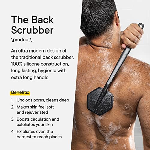 Tooletries - Silicone Back Scrubber with Hook - Exfoliating Shower Brush, Back Washer for Men, Durable Back Brush with Long Handle - Long Lasting Bath & Shower Accessories - Charcoal