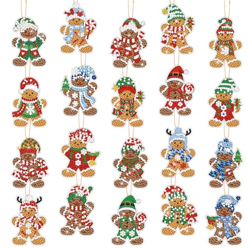 Tondiamo 20 Pcs Christmas Diamond Painting Keychains Gingerbread Diamond Painting Keychains 5D DIY Diamond Art Kits Ornaments Diamond Painting Rhinestone Pendant Christmas Hanging Diamond Art for Kids