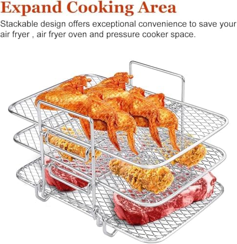 Air Fryer Rack for Ninja Dual Air Fryer Stainless Steel Air Fryer Accessories Three Layer Dehydrator Rack Stackable Grill Rack Air Fryer Racks for Ninja Foodi DZ201/DZ401(7.5x4.5x5.1inch)