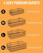 INCLY 4 Pack Pegboard Baskets Bins Set, 4 Size Square Style Black Metal Wire Basket for Any Peg Board Organizing Tools, Pegboard Accessories for Workbench Garage Wall Storage Attachments