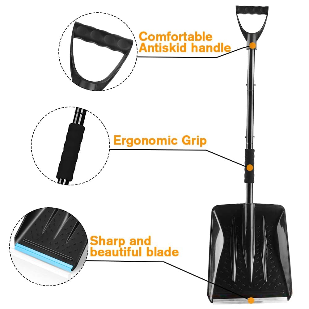 Snow Shovel, 2024 New Upgrade Large-Capacity Lightweight Aluminum Portable Snow Shovel, Parent-Child Playing Snow Shovel, Shovel for Garden, Car, Camping with Extra Ice Scrape(Black)