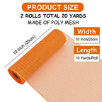 TONIFUL 2 Rolls 10 Inch Orange Decorative Mesh Ribbbon Rolls, Fabric Mesh with Foil for Mesh Wreath Supplies, Front Door Wreath Crafts Tree Decor Christmas NewYears Halloween Decoration (10 yds/roll)