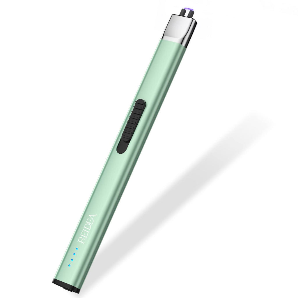 REIDEA Electric Lighter R1 Flat Candle Lighter, Windproof Flameless USB Rechargeable Arc Lighter with Safe Button and Power Indicator for Candle, BBQ and Fireworks, Mint Green