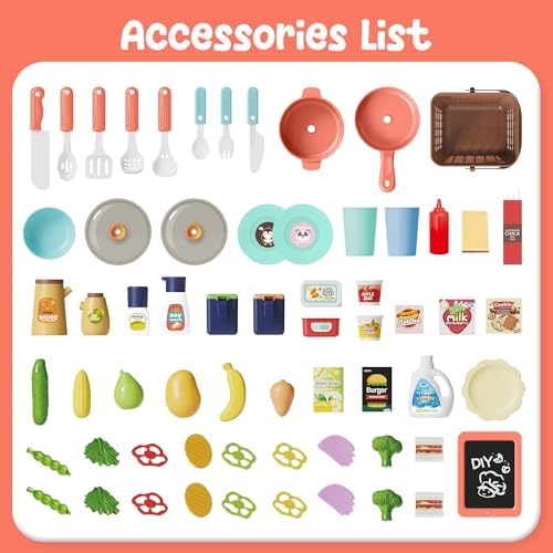 HOLYFUN Kids Kitchen Playset, Kitchen Set for Toddler with Sound and Light, Cooking Stove with Steam, Play Sink and Toy Kitchen Accessories, Pretend Kitchen Toys for Kids Girls Boys, Pink
