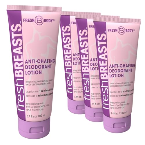 Fresh Body FB Fresh Breasts Anti-Chafing Deodorant Lotion to Powder, 3.4 Fl Oz (4 Pack) Anti Chafe Cream Whole Body Deodorant for Women, Inner Thighs & Areas that Sweat, No Talc, Aluminum & Fragrance