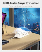 NTONPOWER 25ft Power Strip Flat Plug, Surge Protector Extension Cord with USB-C, Flat Surge Protector Power Strip, Mountable Surge Protector 3-Side for Home Office Accessories, White