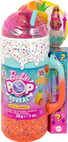 Barbie Pop Reveal Doll & Accessories, Rise & Surprise Fruit Series Gift Set with Scented Doll & Squishy Pet, Color Change, Moldable Sand & More, 15+ Surprises