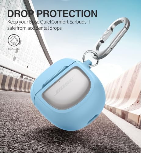 SURITCH Protective Case for Bose QuietComfort Earbuds II 2022 / QuietComfort Ultra 2023, Shockproof Case Cover for Bose QC ii 2 Charging Case Accessories with Carabiner, Blue