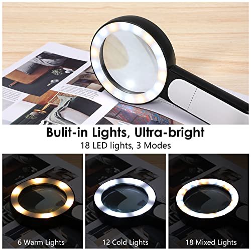 MOKO Magnifying Glass with Light, 30x Handheld Large Magnifying Glass 18LED 3 Modes Illuminated Lighted Magnifier for Elderly Kids Reading, Magazines, Coin, Jewelry, Exploring Inspection, Black