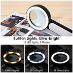 MOKO Magnifying Glass with Light, 30x Handheld Large Magnifying Glass 18LED 3 Modes Illuminated Lighted Magnifier for Elderly Kids Reading, Magazines, Coin, Jewelry, Exploring Inspection, Black