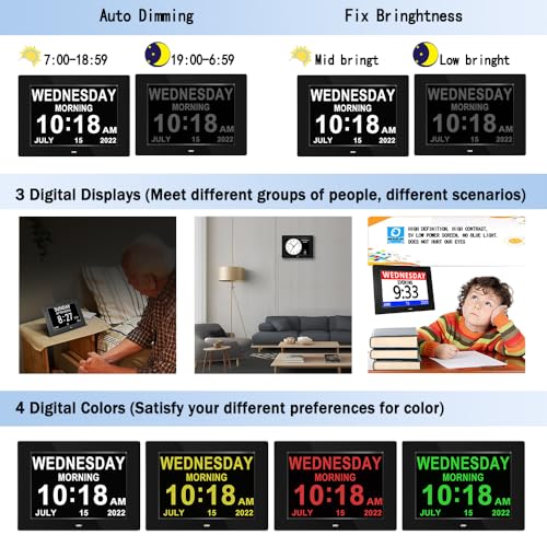 3 Colors Extra Large Impaired Vision Digital Clock with Day and Date for Elderly Calendar Day Clock Auto Dimmable Clock with Non-Abbreviated Year & Month Alarm Clock (7 inch Black)
