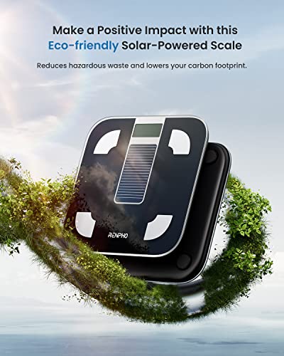 RENPHO Scale for Body Weight and Fat Percentage, No Battery Replacement Solar Power Digital Bathroom Smart Scale Bluetooth Body Fat Scale, Body Composition Monitor with App 400lbs-Elis